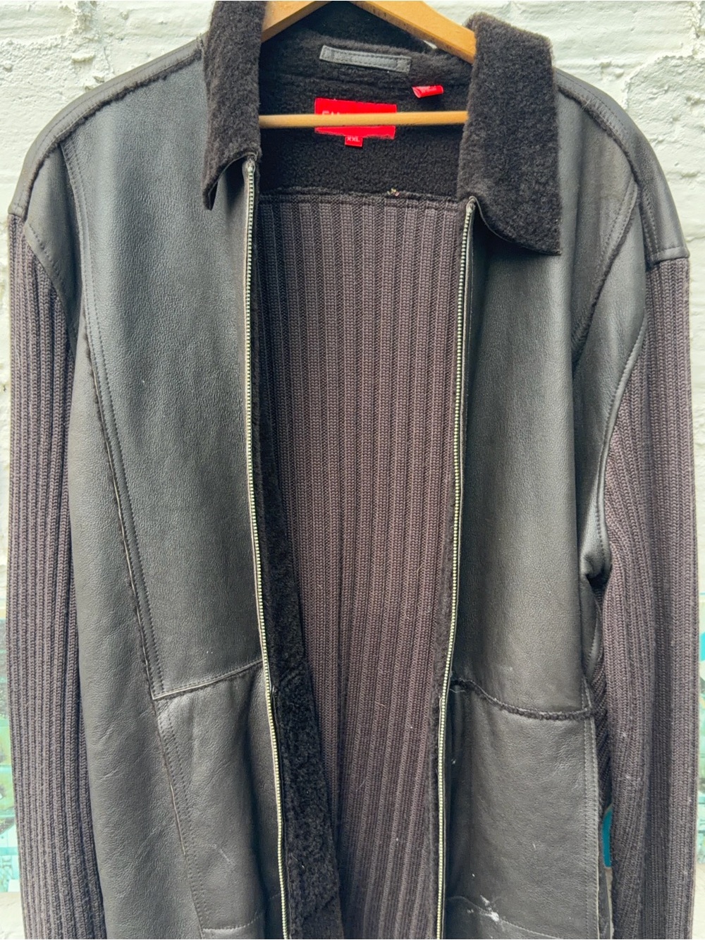 Men's Gray Leather & Knit Zip-Front Jacket
